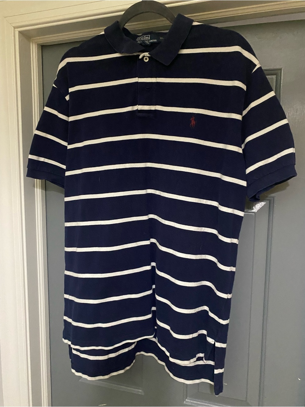 Ralph Lauren Navy & White Horizontal Stripe Polo with Red Pony
